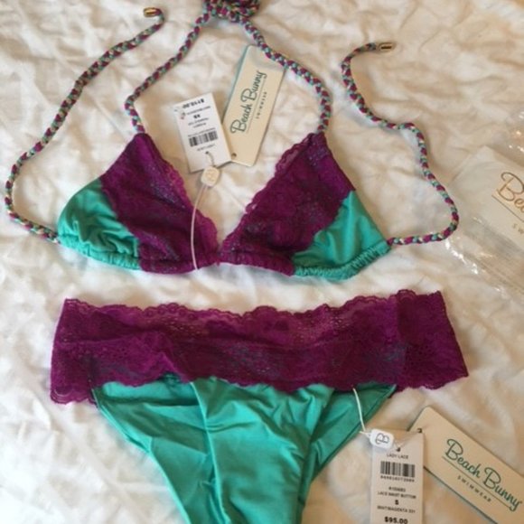 NWT BEACH BUNNY Lady Lace Bikini Mint & Magenta - Picture 1 of 8